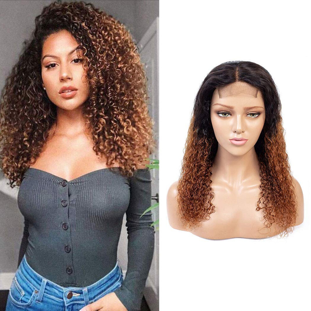 Unisex Brazilian Human Hair 4X4 Lace Closure Wig Ombre 1B/30 Kinky Curly Glueless Remy Hair 12 Inch