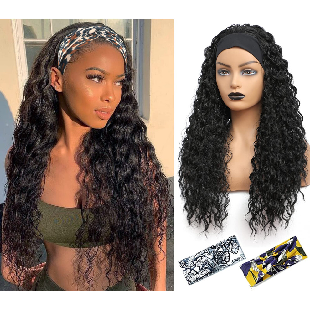 Headband Wig 26 Inch Synthetic Water Wave Glueless Curly Wig for Black Women 180 Density Natural