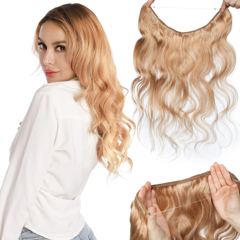 Halo Hair Extensions Human Hair with Clips, Wavy Dark Blonde 22' for Instant Volume and Natural Blend