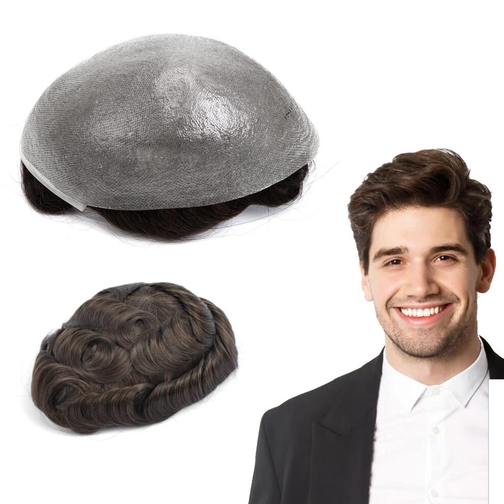 Unisex Brown Men's Toupee Ultra Thin Skin Vloop Human Hair Hairpiece Chestnut Light Density 8X10