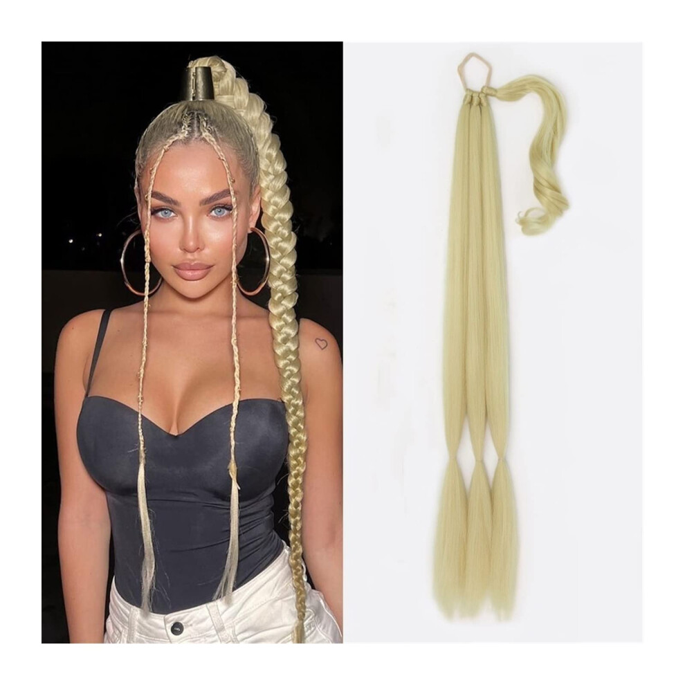 Light Blonde 34 Inch Braided Ponytail Hair Extension, HeatResistant Synthetic Hair Bun for Women