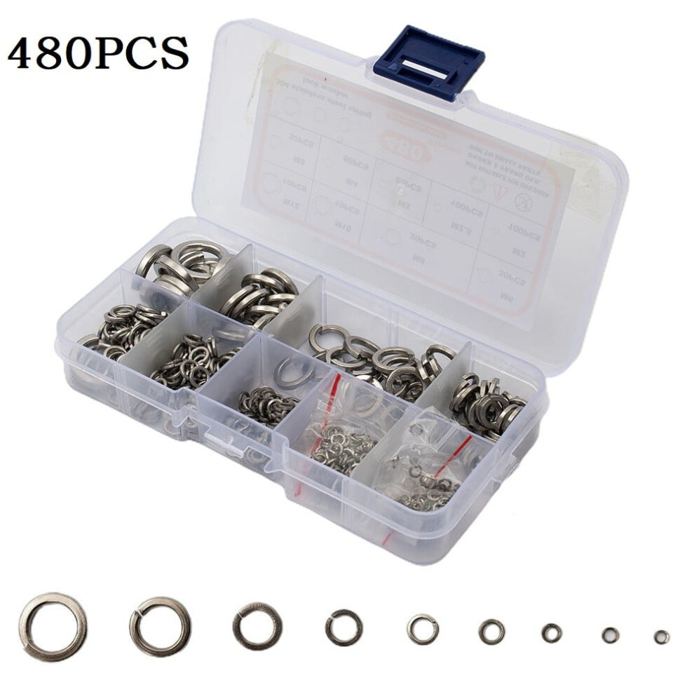 480Pcs 304 Stainless Steel Spring Lock Washer Assortment Set 9 Sizes - M2-M12 9482828993350