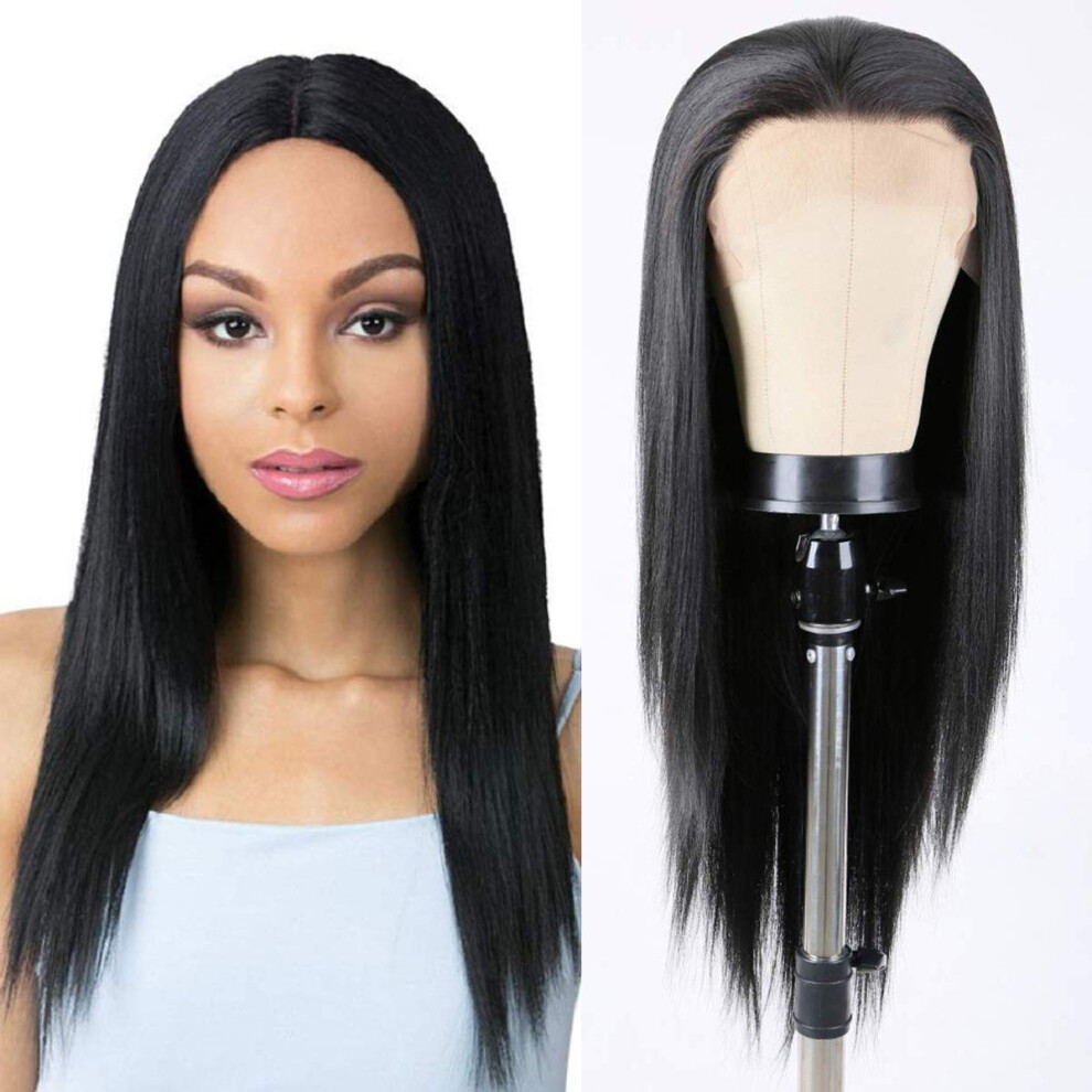 Unisex 20 Inch Yaki Straight Synthetic Lace Front Wig 1B Color, Pre Plucked Natural Hairline, 150% Density