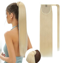 16 Inch Remy Human Hair Ponytail Extension, Silky Straight Wrap Around Clip In, Bleach Blonde