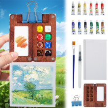 Draagbaar aquarelpalet met mengbakje, magnetische metalen opbergdoos, 12 kleuren, houten rasterdoos, pen en clip – geschikt voor alle schilders