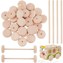 30 Stück unbehandelte Holzräder (1,5 x 0,5 Zoll) mit 15 Stück 5,9 Zoll langen Stäben, flache kleine Holzräder für DIY-Modellautos, Bastelbedarf