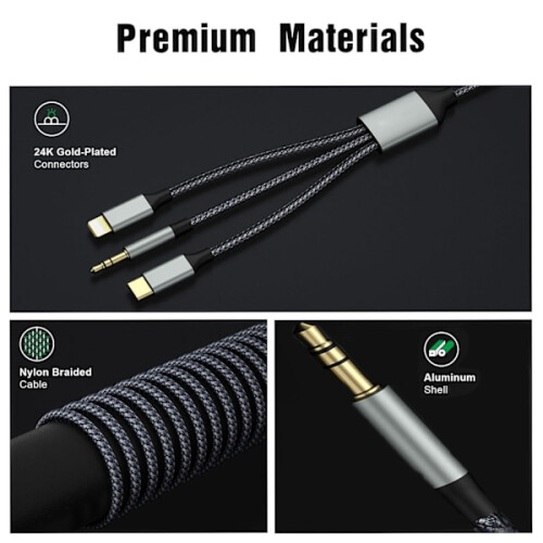 Καλώδιο USB C σε Aux Audio 2M, Καλώδιο Nylon 3,5 mm, Καλώδιο Jack (Καλώδιο 3 σε 1) για ακουστικά, 2