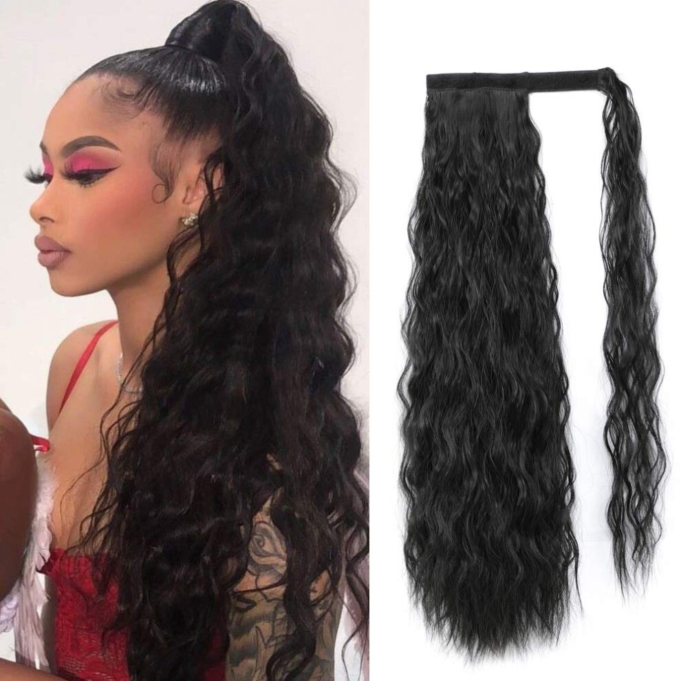 Unisex Black Ponytail Hair Extension Long Wavy 24 Inch Wrap Around Heat Resistant Synthetic Hairpiece 1B