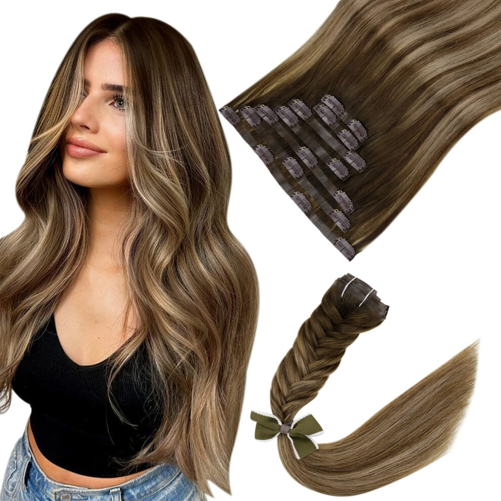 Unisex Brown Seamless Clip In Human Hair Extensions Balayage To Honey Blonde 20 Inch 120G 7Pcs