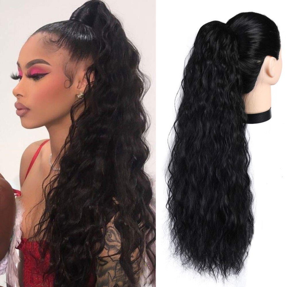 Unisex Black Yaki Curly Ponytail Extensions 24 Inch Afro Curl Synthetic Hairpiece With Heat Resistant Easy Wrap