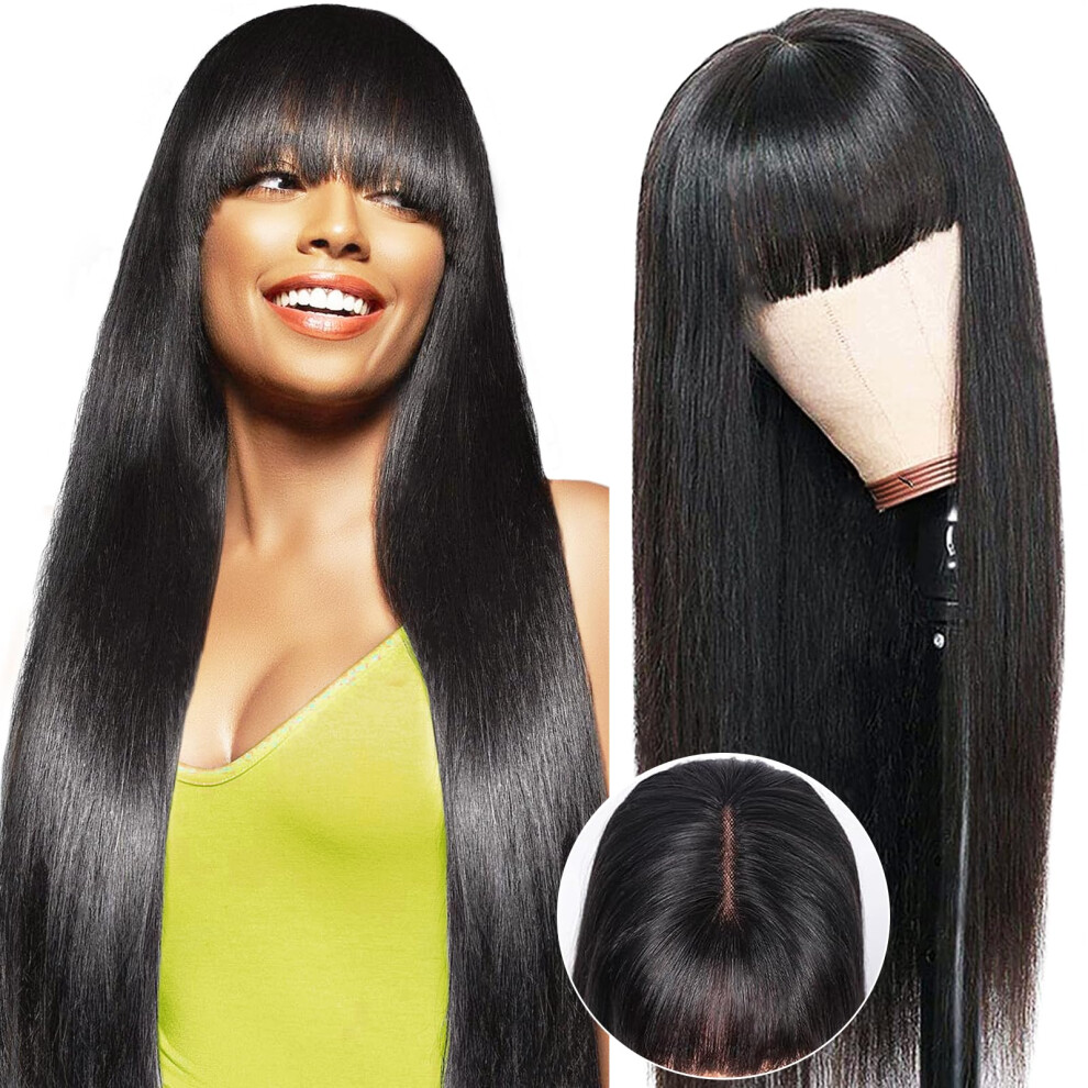 Unisex Glueless Lace Front Wig With Bangs 22 Inches Brazilian Virgin Human Hair Pre Plucked