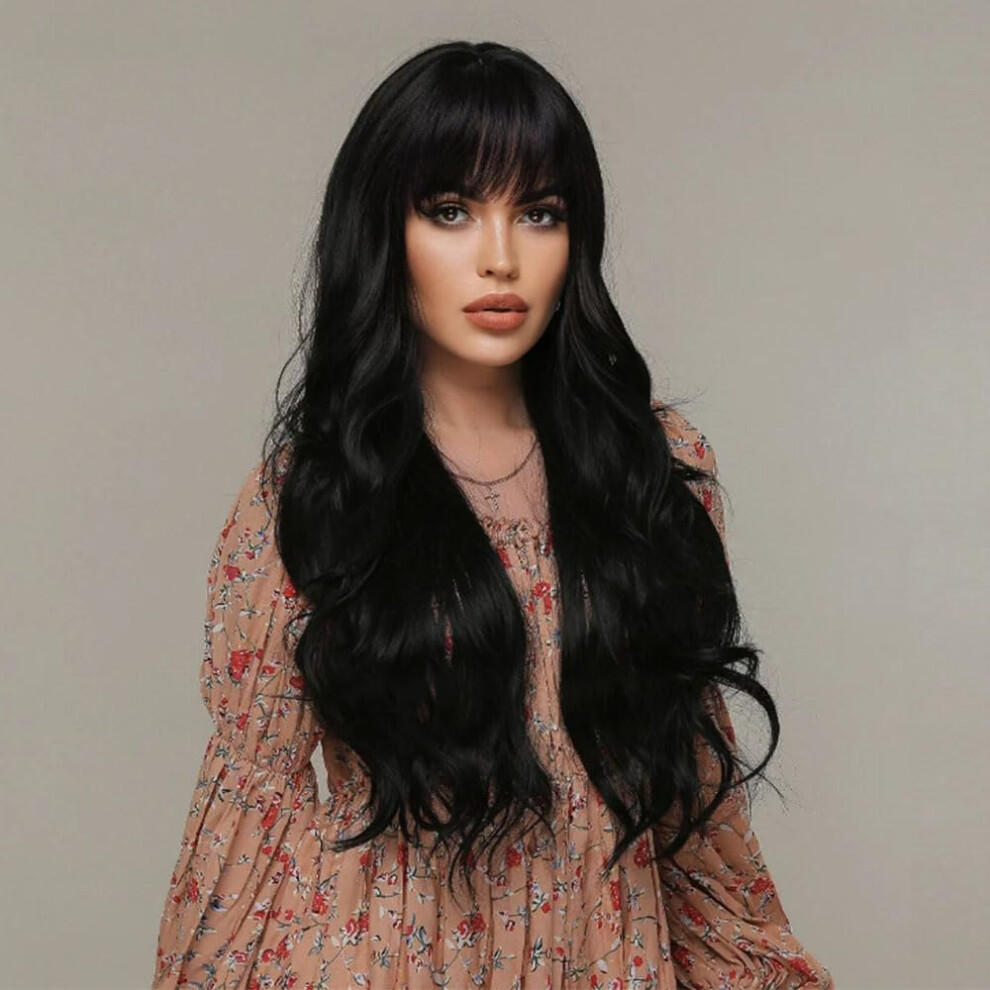 Unisex Long Body Wave Wig With Bangs Heat Resistant Synthetic Glue Natural Waistlength Hair