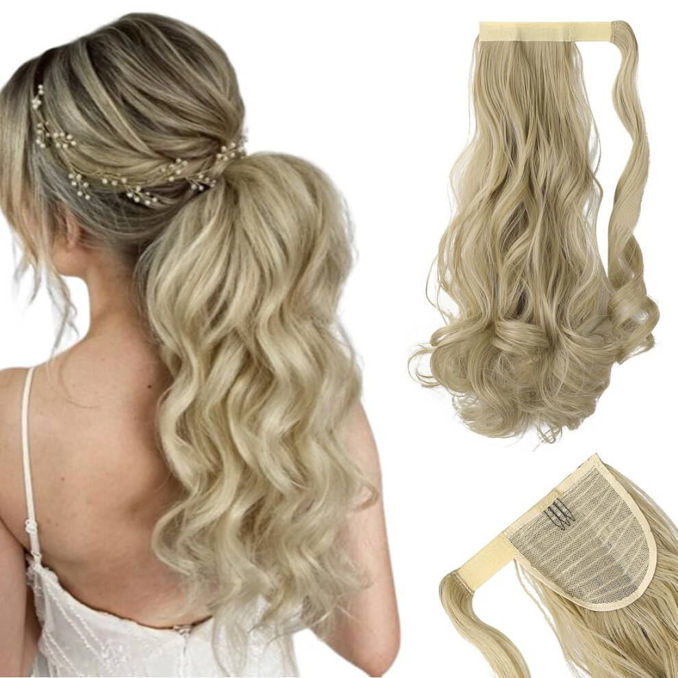 Unisex Light Ponytail Hair Extension Curly Wavy Wrap Around Synthetic Hairpiece For Women Blonde Mix