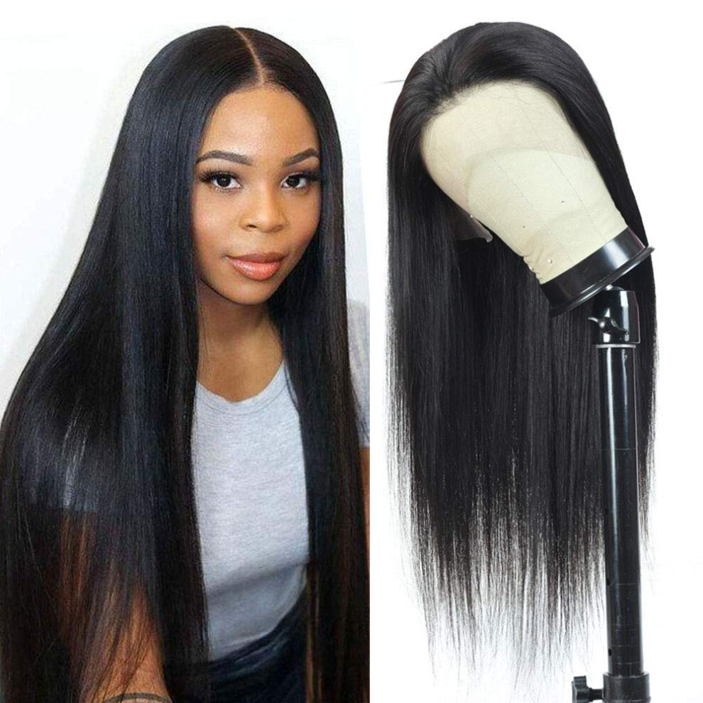 Unisex Human Hair Lace Front Wig Brazilian Straight Pre Plucked Bleached Knots Glueless 22' 130% Density