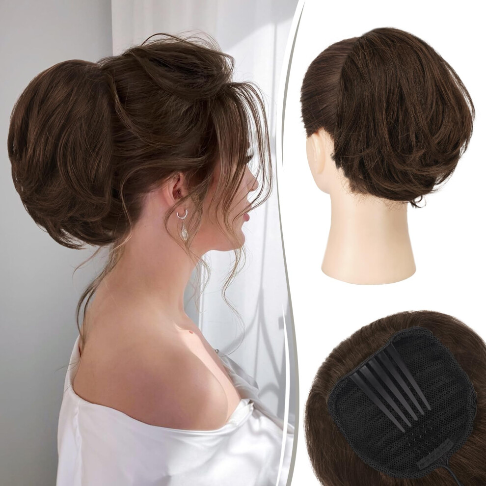 Human Hair Ponytail Extension with Comb and Drawstring, Dark Brown with Cocoa Blonde Highlights