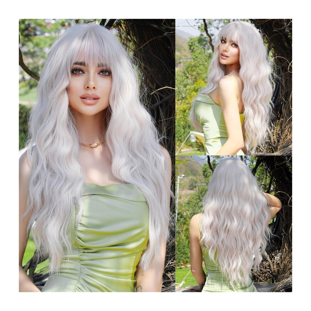 Long Wavy Platinum Blonde Synthetic Wig with Soft Bangs, Heat Resistant, Natural Look for Women