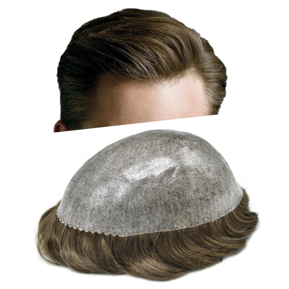 Unisex Men's Toupee Human Hair Hairpiece 8X10 Poly Skin Knotless Natural Look Medium Density 4Ash