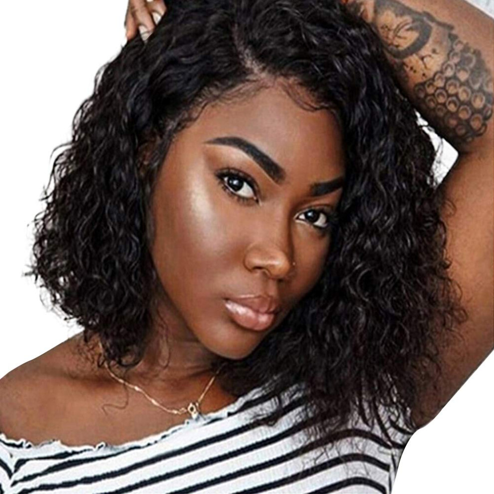 Unisex 13X4 Lace Front Jerry Curly Wig Brazilian Remy Human Hair Bob 150 Density Natural Hairline 12Inch
