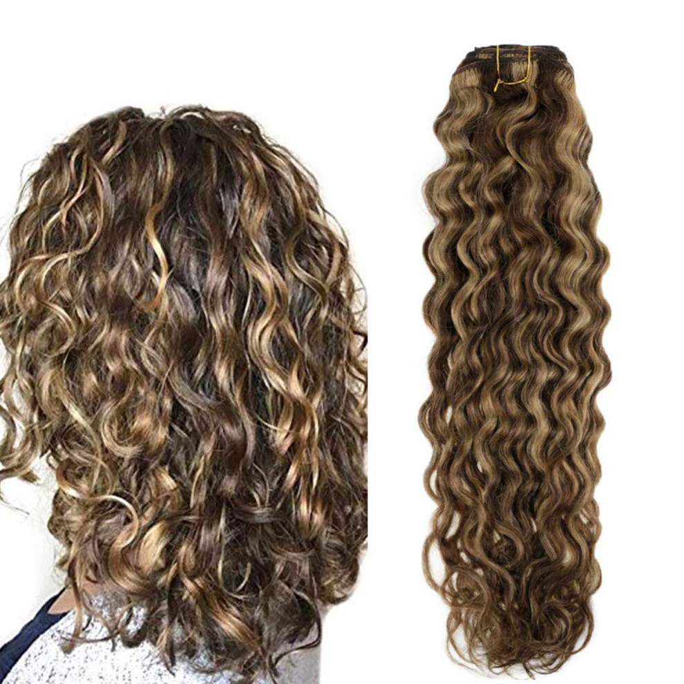 Unisex Brown 12' Remy Human Hair Clip In Extensions Wavy Blonde Highlight For Natural Volume