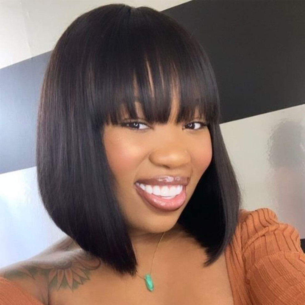 Unisex 10 Inch Short Brazilian Virgin Human Hair Bob Wig With Bangs, Glueless, 130% Density