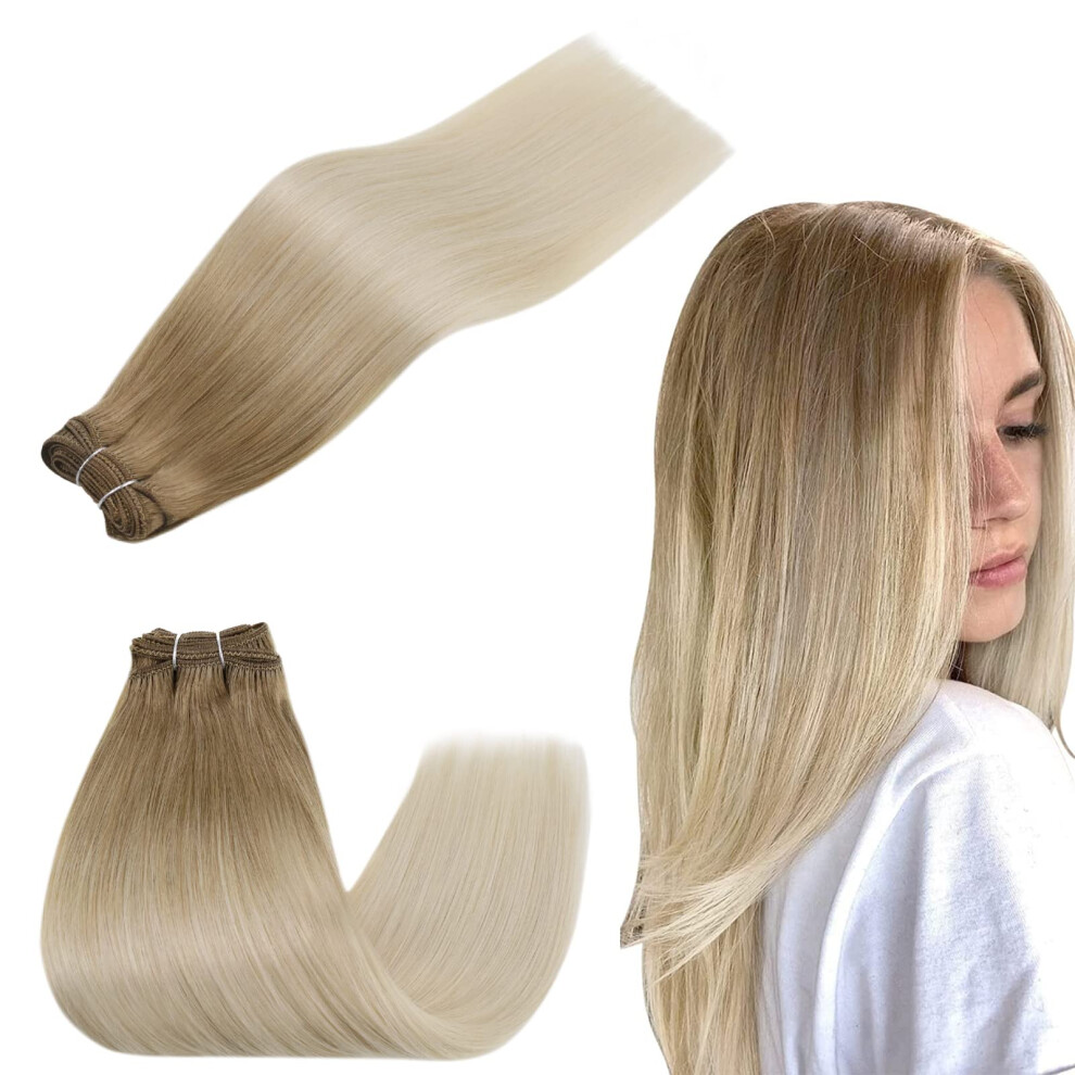 Unisex Light/Golden/Brown Blonde Ombre Human Hair Extensions Weft 16 Inch Invisible Seamless Remy Hair Bundles 100G