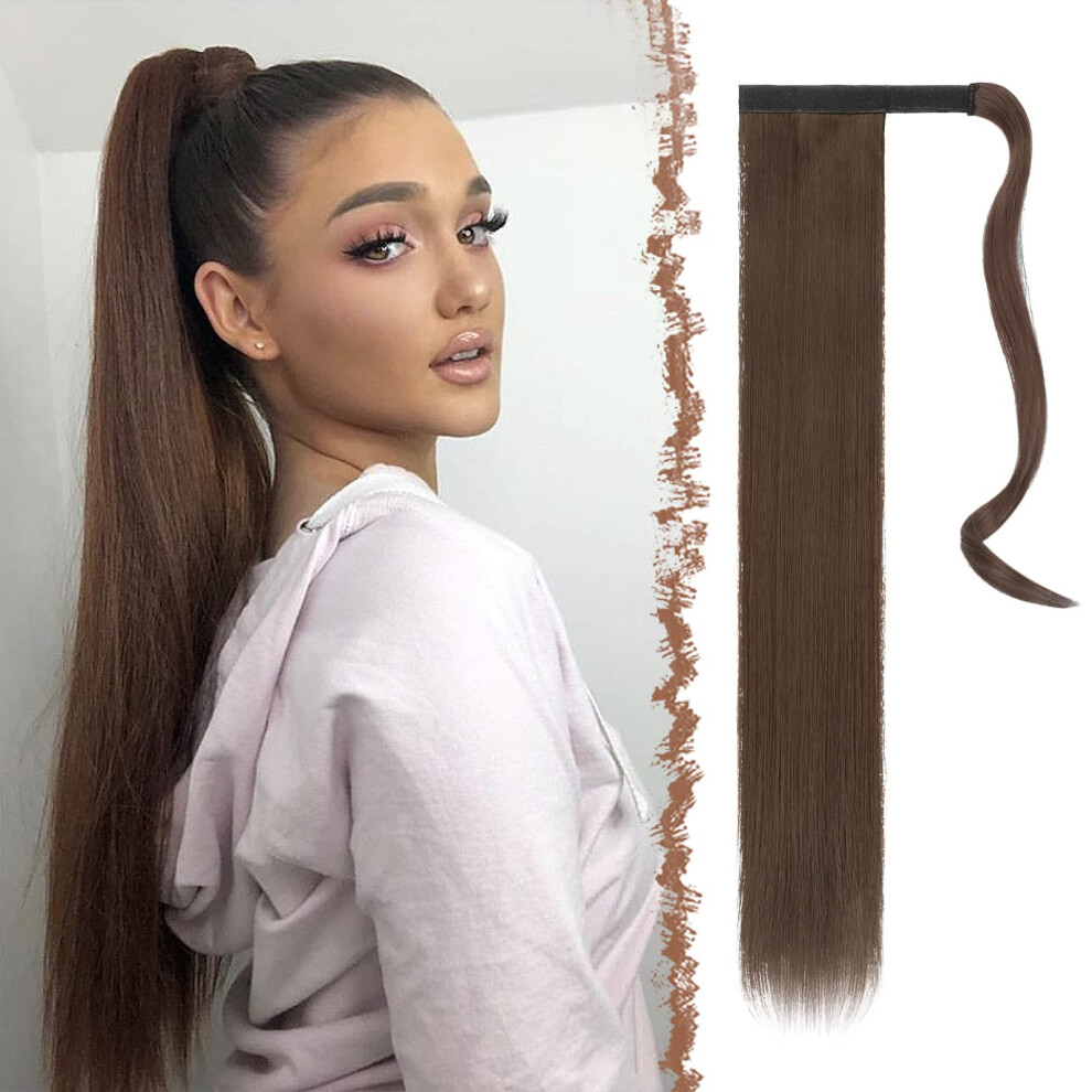 Ponytail Hair Extensions 28 Inch Straight Wrap Around Synthetic Hairpiece Medium Chestnut Brown