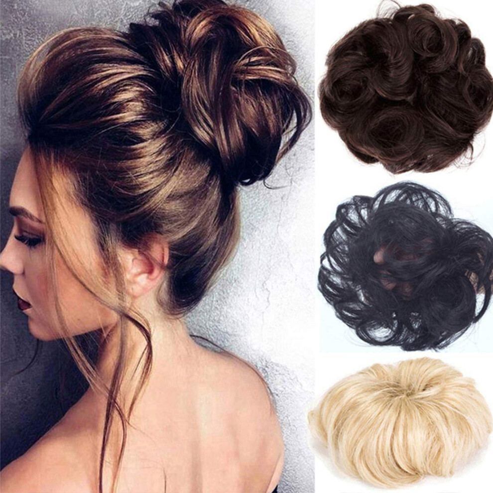 Unisex Brown Human Hair Bun Extension Wavy Curly Messy Chignon Hairpiece Dark Instant Volume Boost 2Pcs