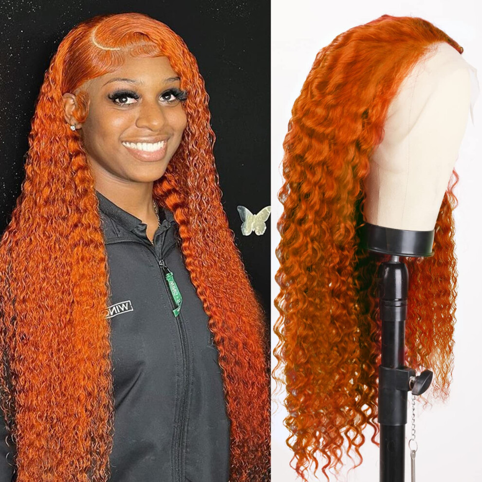 34 Inch Ginger HD Lace Front Wig Human Hair 13x4 Deep Wave 200% Density Natural Hairline