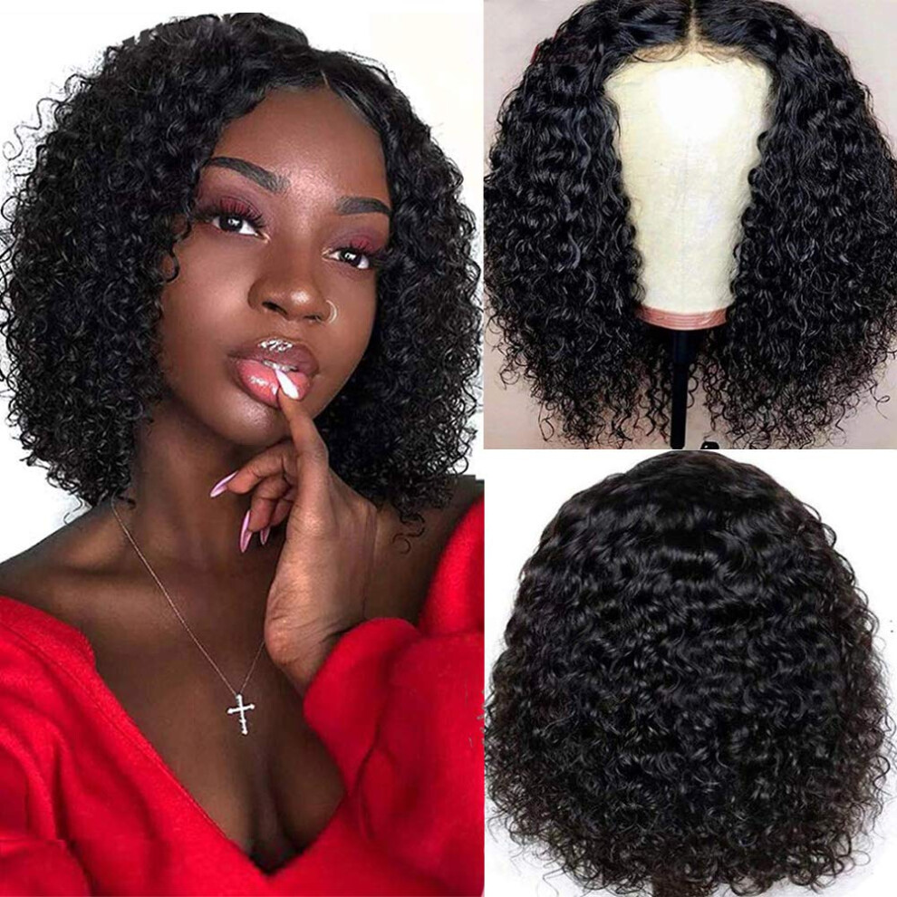 Unisex Curly Bob Wig 4X4 Lace Closure Human Hair Brazilian Remy Natural Hairline Full Volume 8 Inch