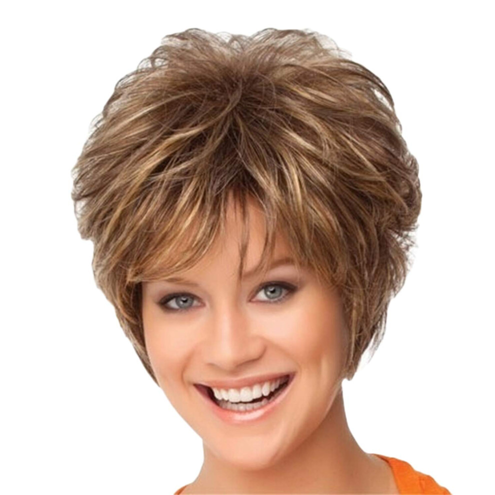 Synthetic Short Curly Wig Pixie Cut with Bangs Heat Resistant Natural Texture Brown Hair