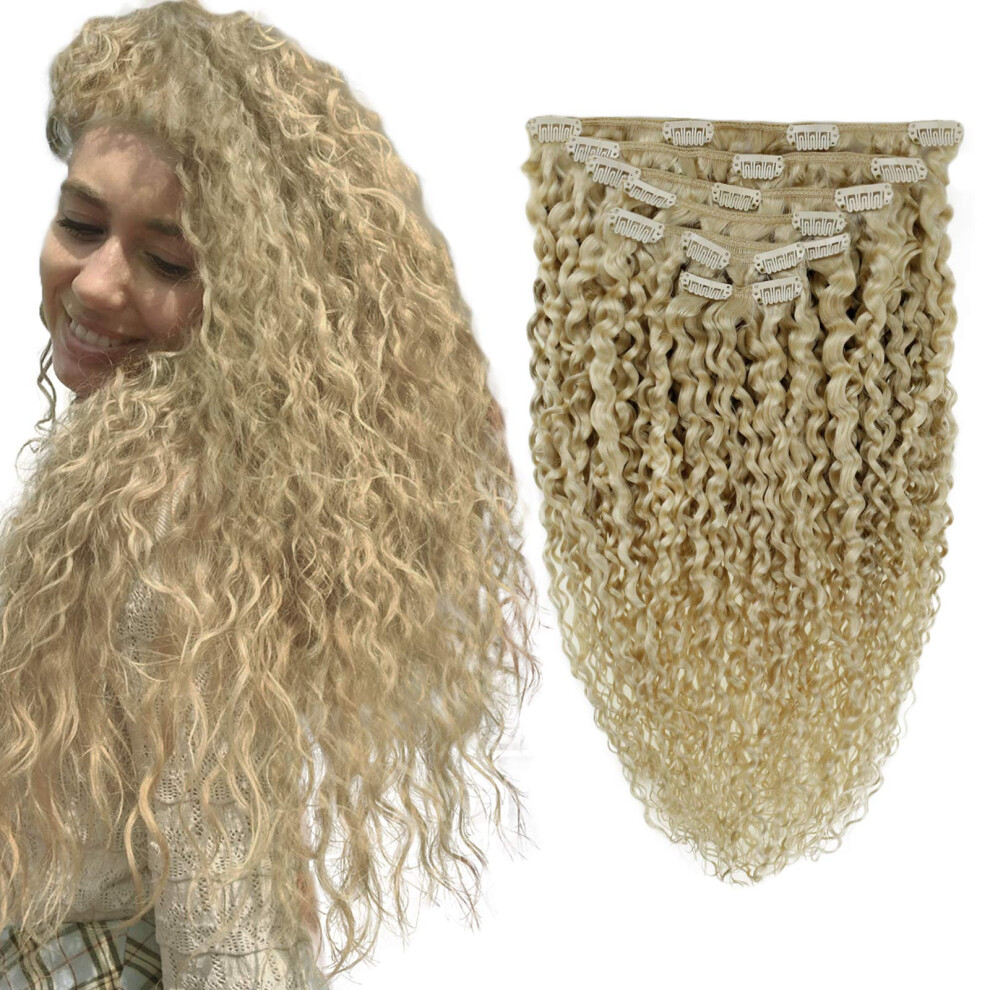Unisex 18 Inch Blonde Clip In Human Hair Extensions Wavy Bleach Blonde Full Head Natural Curly 7Pcs