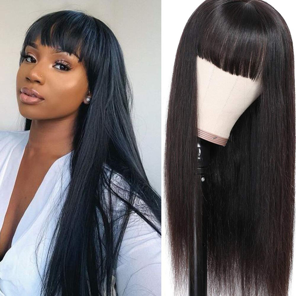 Brazilian Virgin Straight Human Hair Wig with Bangs 22 Inch Natural Black 130% Density