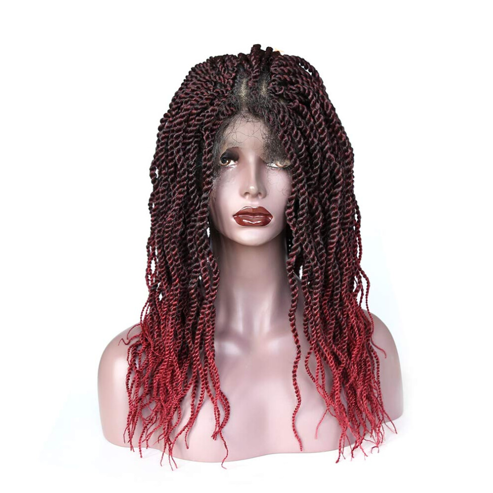 18 Inch Senegalese Twist Lace Front Wig Glueless Synthetic Crochet Braids 1B Burgundy Small Mambo