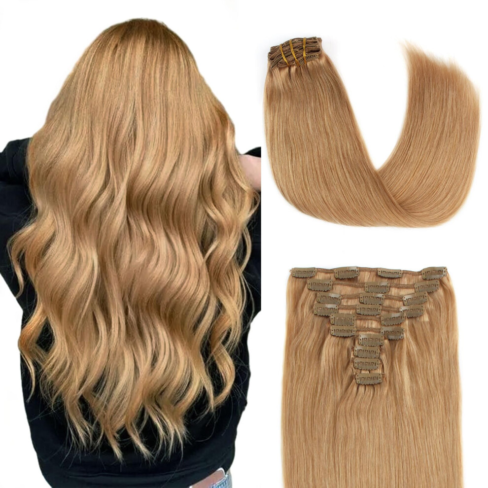 Unisex Brown 20 Inch Remy Human Hair Extensions 160G Double Weft Clip In Caramel Blonde For Instant Volume