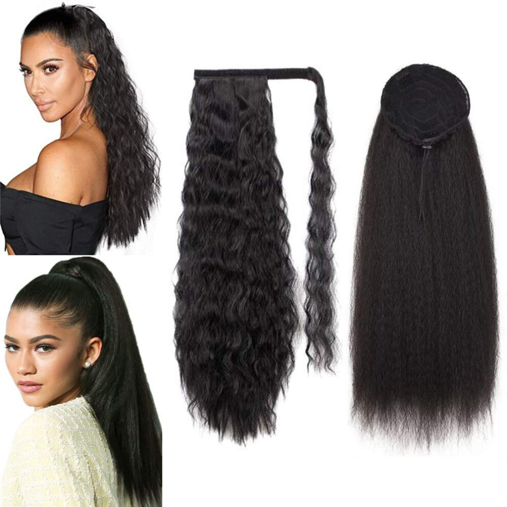 Ponytail Hair Extensions 24 Inch Black Yaki Straight and Corn Wave Synthetic Hairpiece with Drawstring and Wrap Around for Instant Length and Volume
