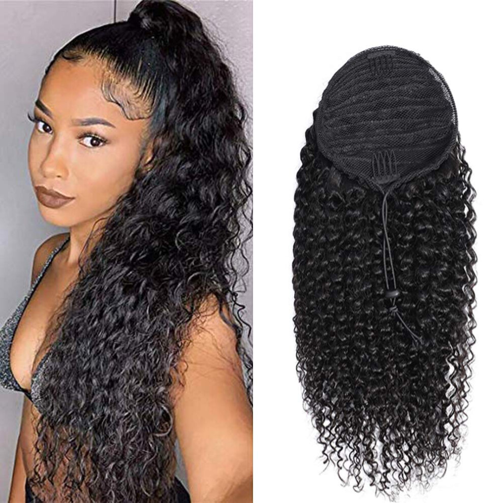 Unisex Black Brazilian Virgin Human Hair Ponytail Extension Natural Kinky Curly Clip In 12 Inch