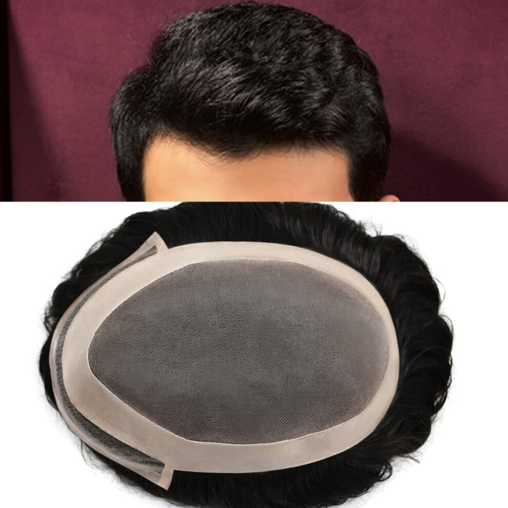 Unisex Black Mens Lace Front Toupee Jet Human Hairpiece 9X6 Mono Base 120% Density Natural Hairline