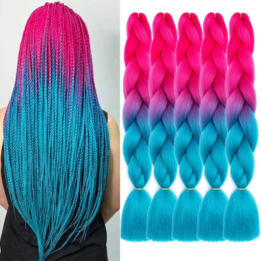 Unisex Blue,Red 24 Inch Jumbo Ombre Braiding Hair Extensions, Heat Resistant Synthetic Box Braids, Peach Red To Lake Blue