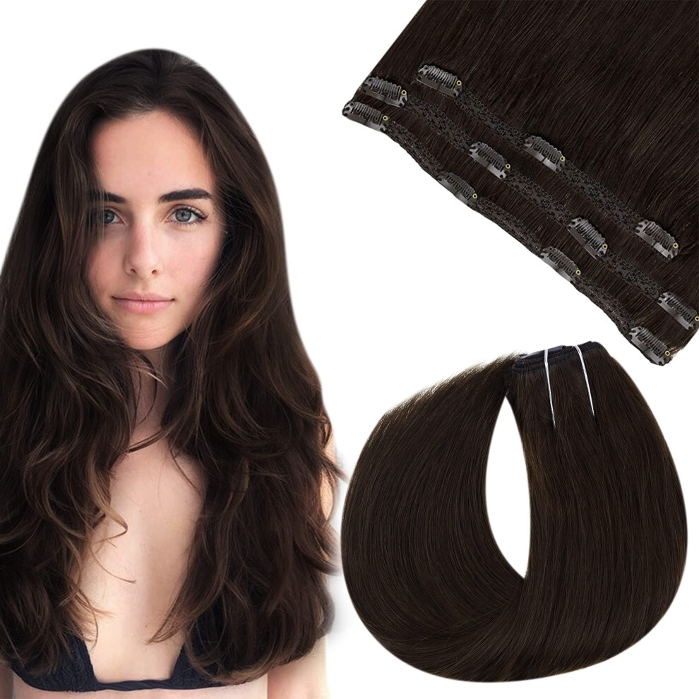 Unisex Brown Seamless Clip In Human Hair Extensions Darkest Remy 14 Inch For Instant Volume