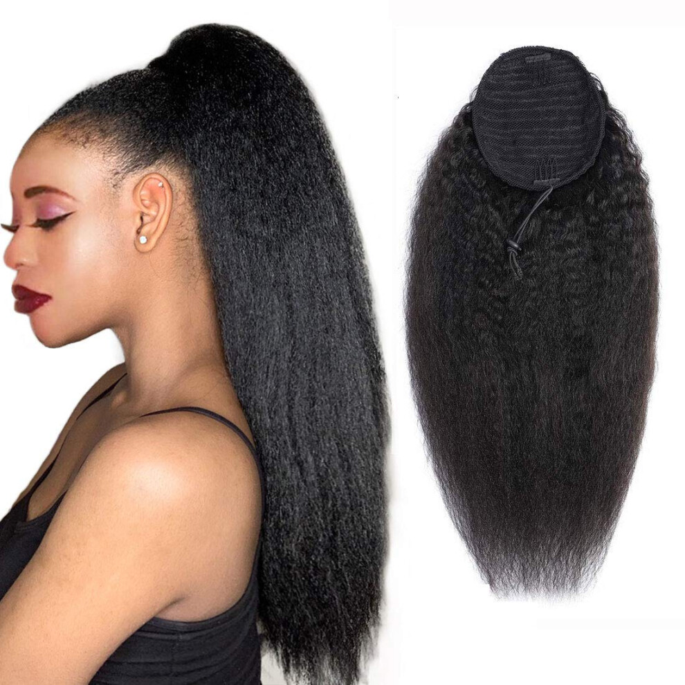 Unisex 20 Inch Kinky Straight Human Hair Ponytail Extension With Secure Drawstring Fit, Natural Color 1B