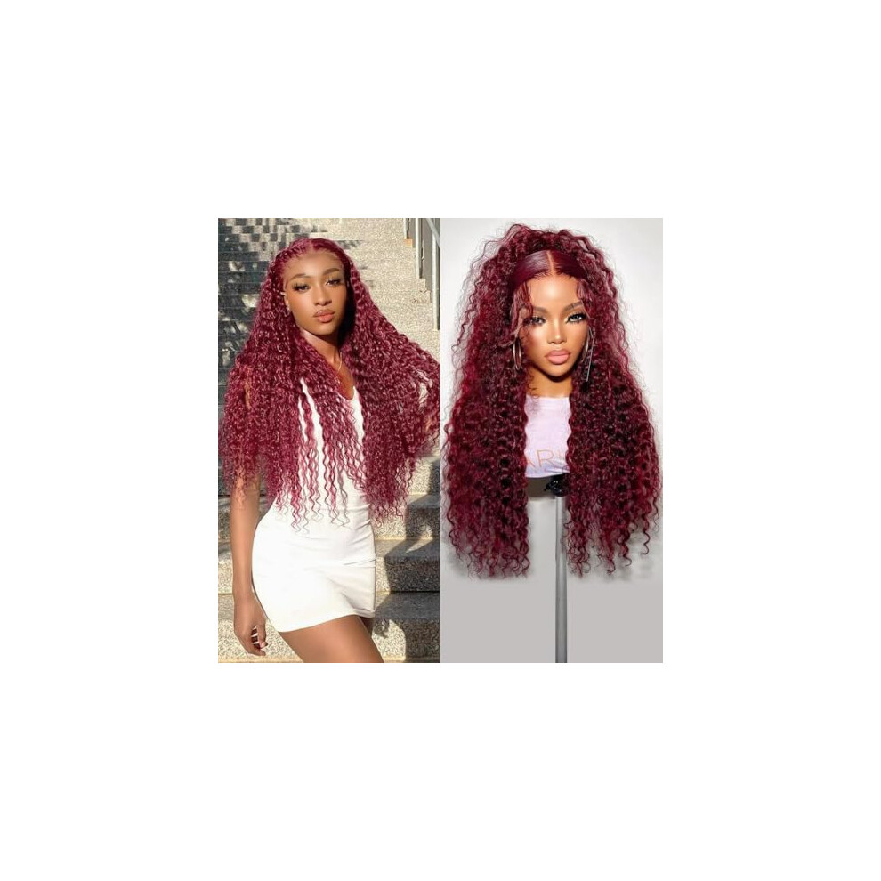 Unisex Black,Red 99J Brazilian Virgin Human Hair Wig 13X5 Lace Front Burgundy Wavy Glueless For Black Women