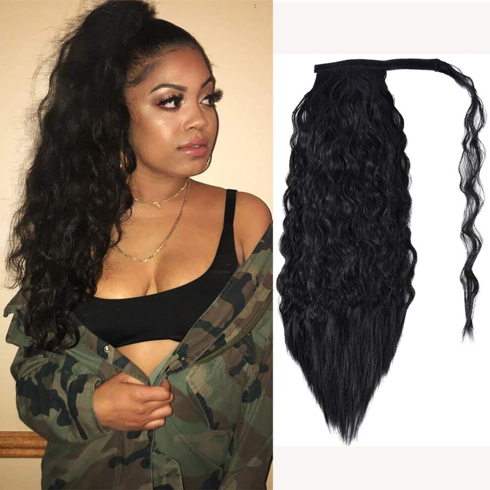 Unisex Ponytail Hair Extension Wrap Around Heat Resistant Long Curly Synthetic Hairpiece For Women 22In 1B