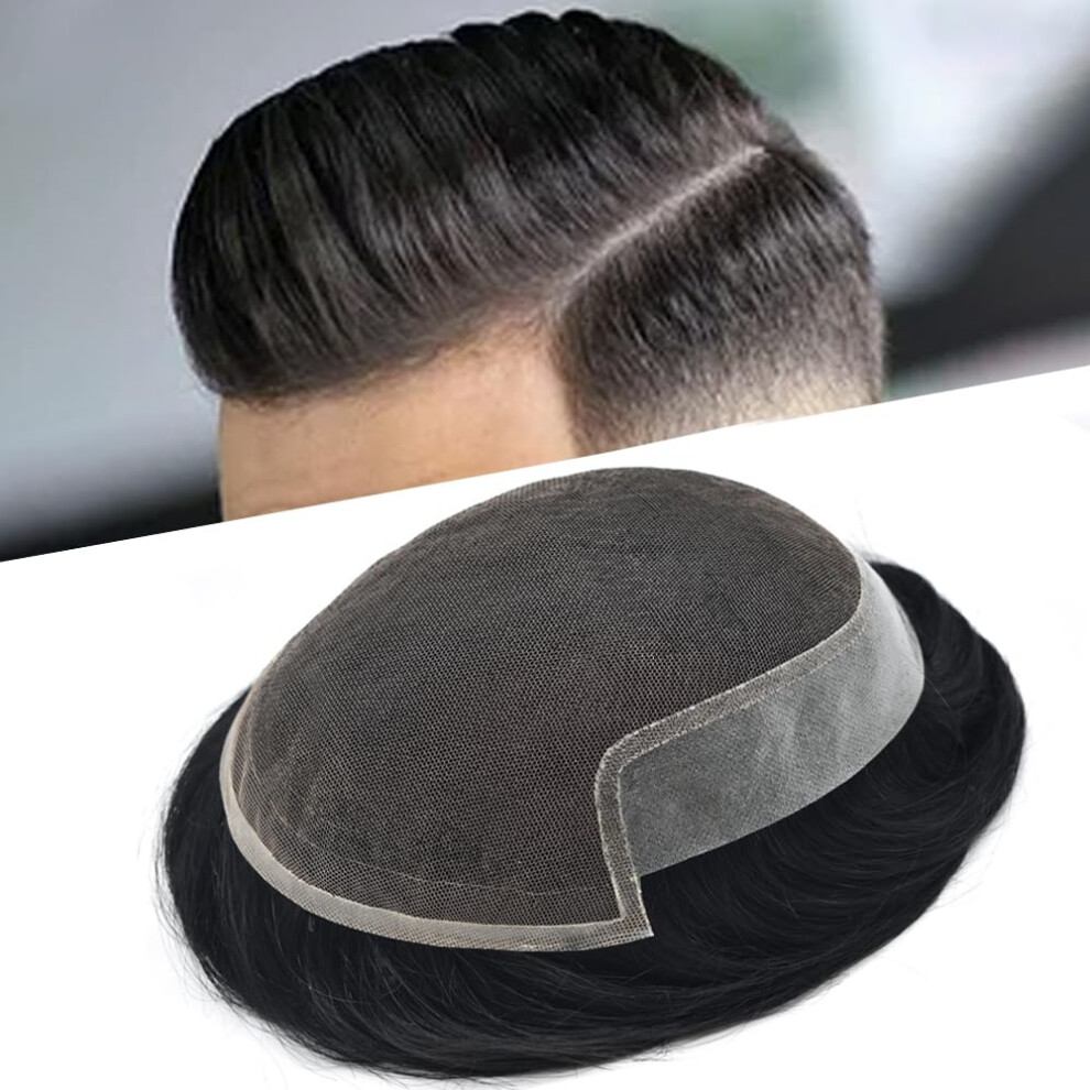 Unisex Black Mens Toupee Swiss Lace 8X10 Jet Hair Replacement System With Natural Hairline European Remy