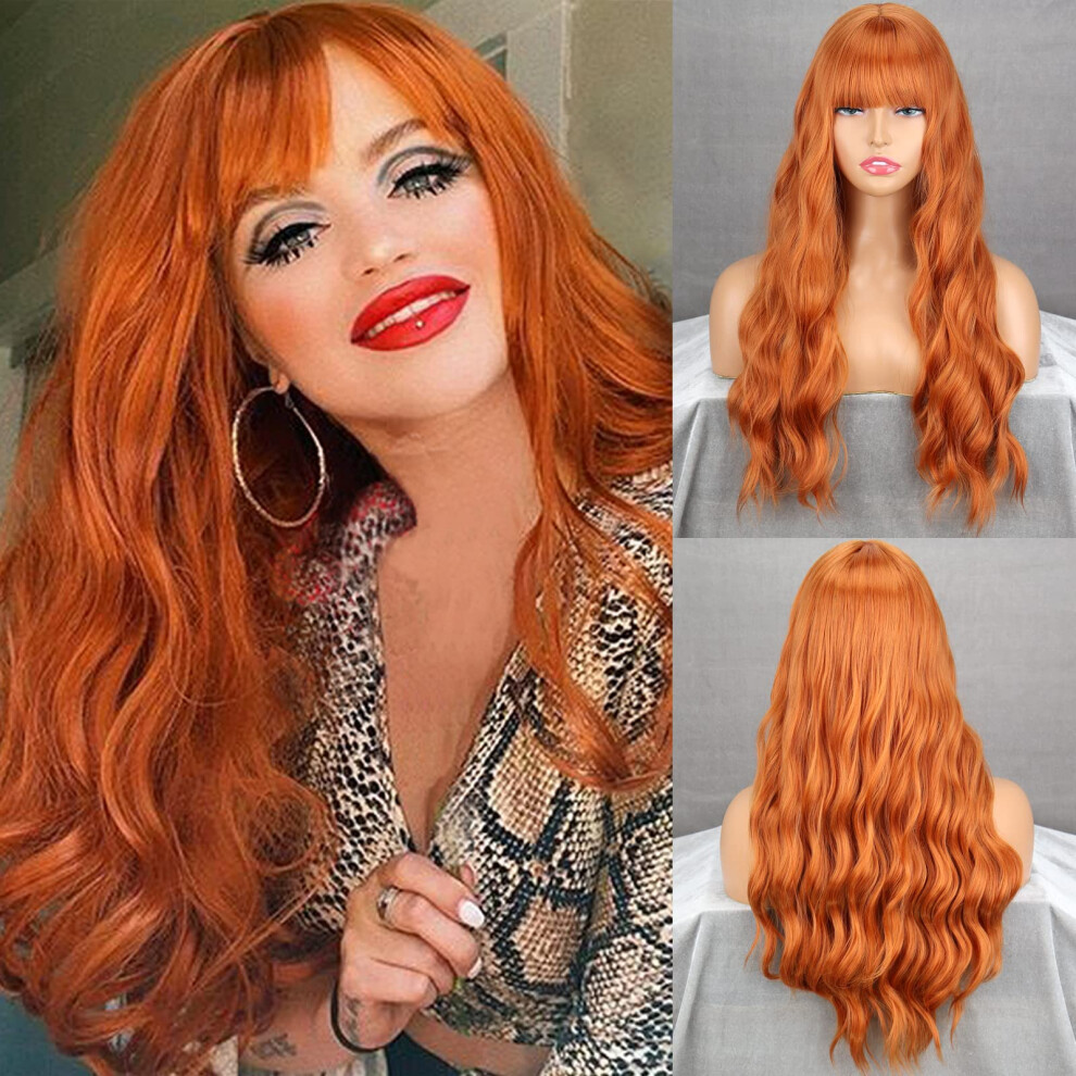Long Orange Wig with Bangs 24 Inch Heat Resistant Synthetic Dark Orange Wavy Cosplay Wig