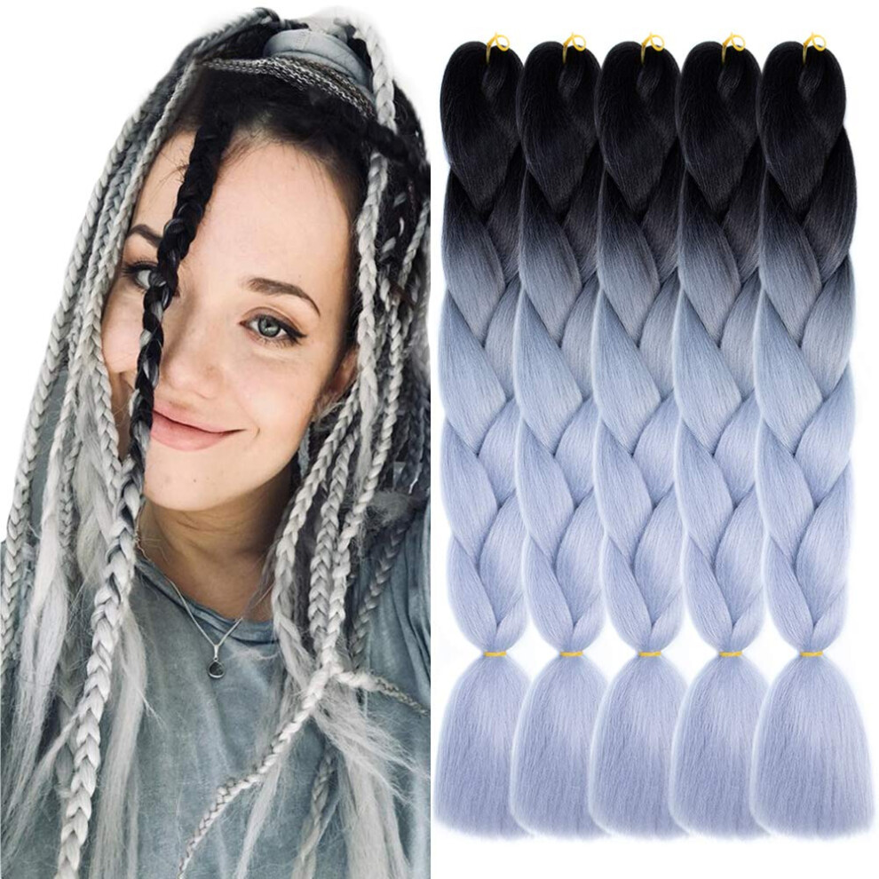 Unisex Black,Silver,Grey Jumbo Braiding Hair Extensions 24 Inch Ombre Synthetic Soft Yaki For Box Braids Black To Silver Grey