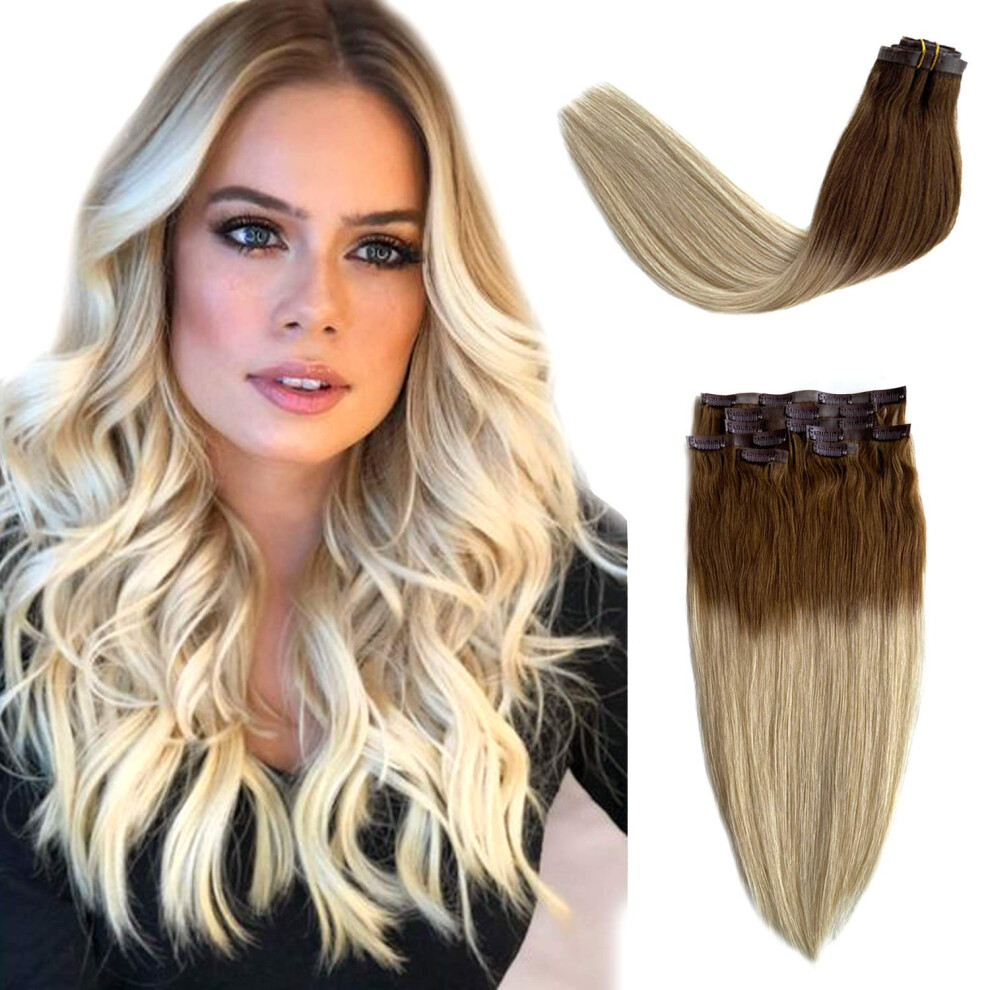 Unisex Brown,Silver Remy Human Hair Clip In Extensions Ombre Ash Brown To Platinum Blonde Skin Weft 22 Inch 120G