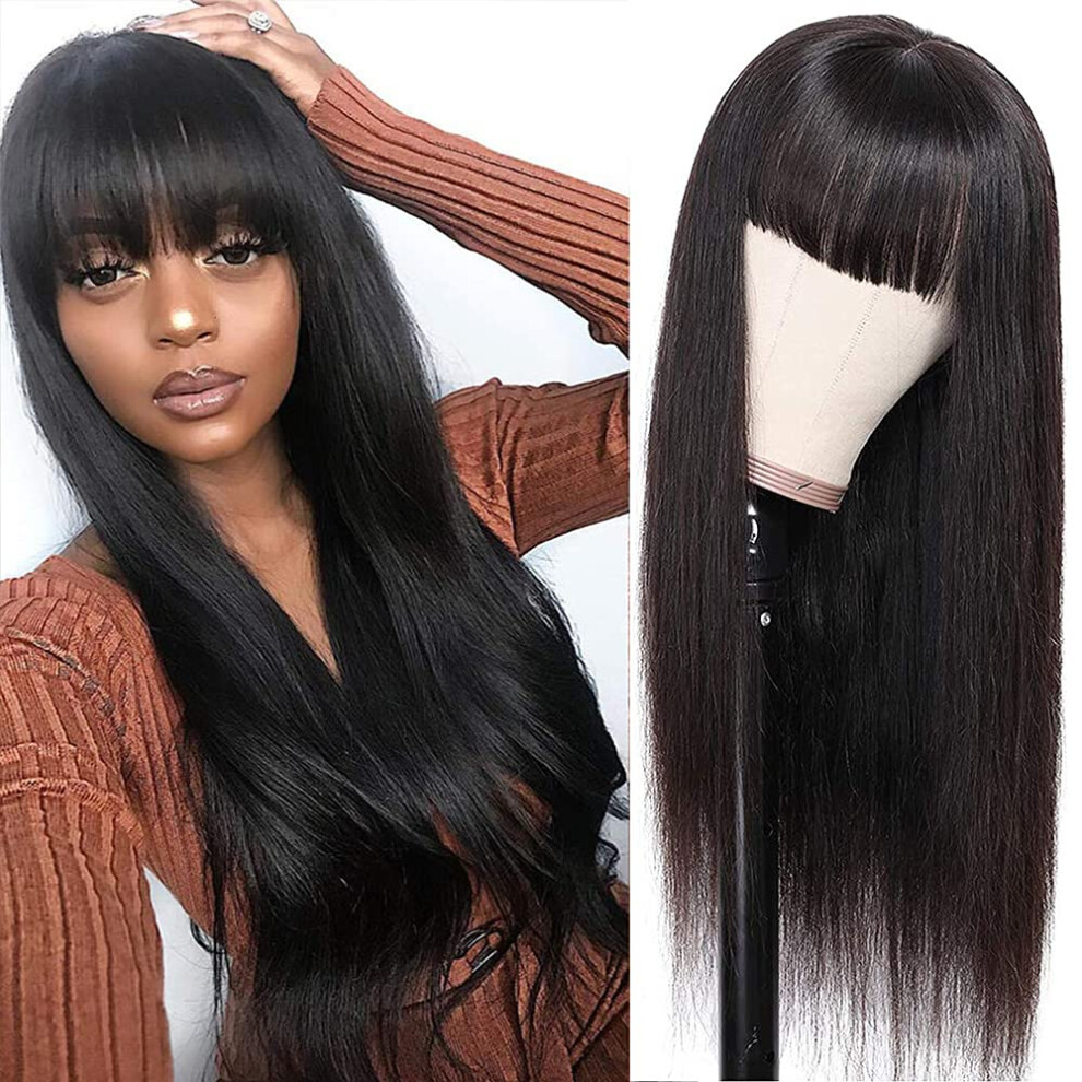 Unisex Black Brazilian Virgin Straight Human Hair Wig With Bangs 24 Inch Glueless 130 Density For Women