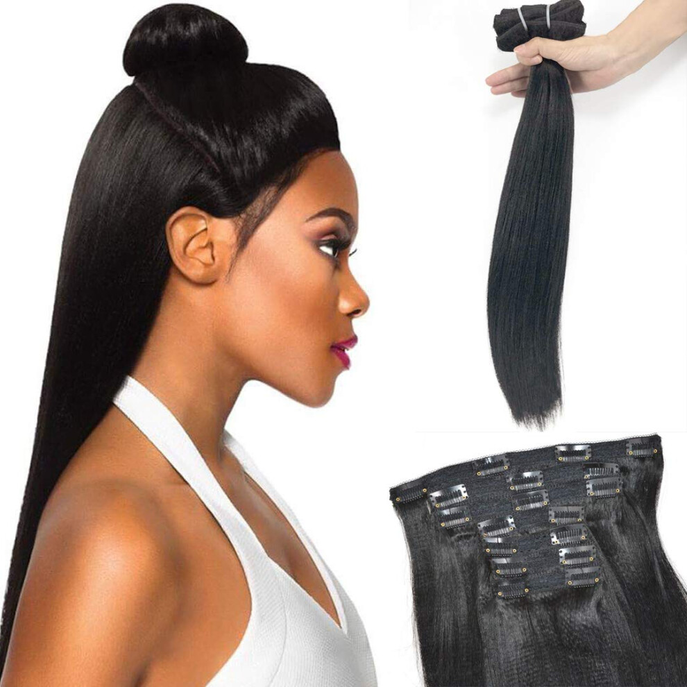 Unisex 18 Inch 1B Yaki Straight Human Hair Clip In Extensions Double Weft Thick Natural Blend