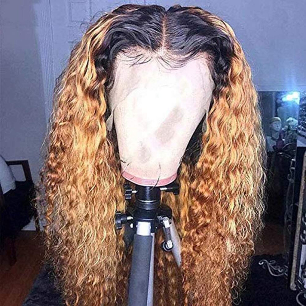 Unisex Black 14 Inch Human Hair Lace Front Wig Curly Ombre 1B/27 Honey Blonde Remy With Invisible Hairline
