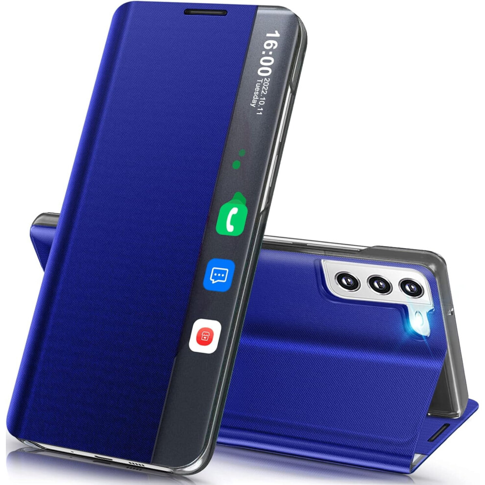 Sumao For Compatible With Samsung Galaxy S21 Smart Clear View Window With Kickstandï¼Leather Flip Protective Case- Blue 9482828381010